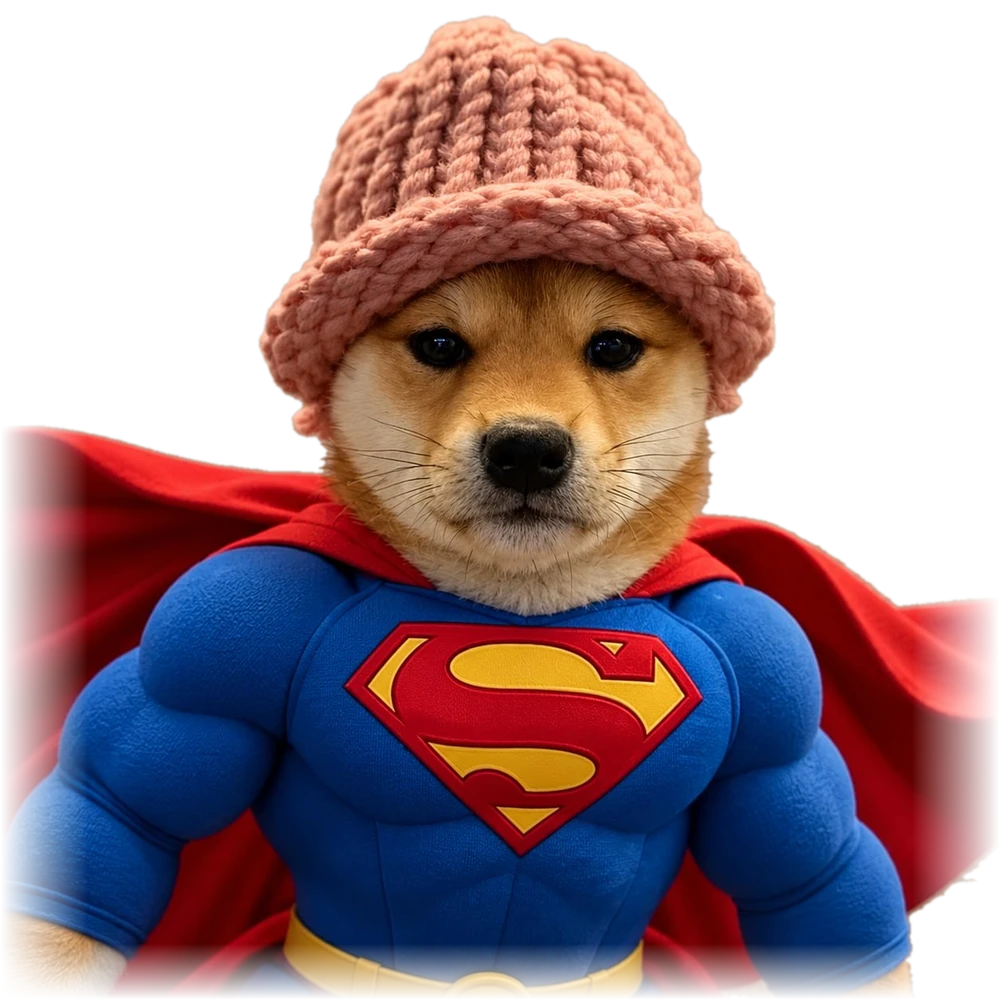 Super Wif — shiba in a pink knit hat and a red cape